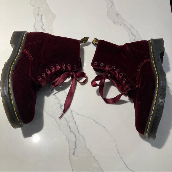 DR MARTENS Sz 6 1460 Pascal Red Wine Velvet Satin Lace Boots - Picture 11 of 15